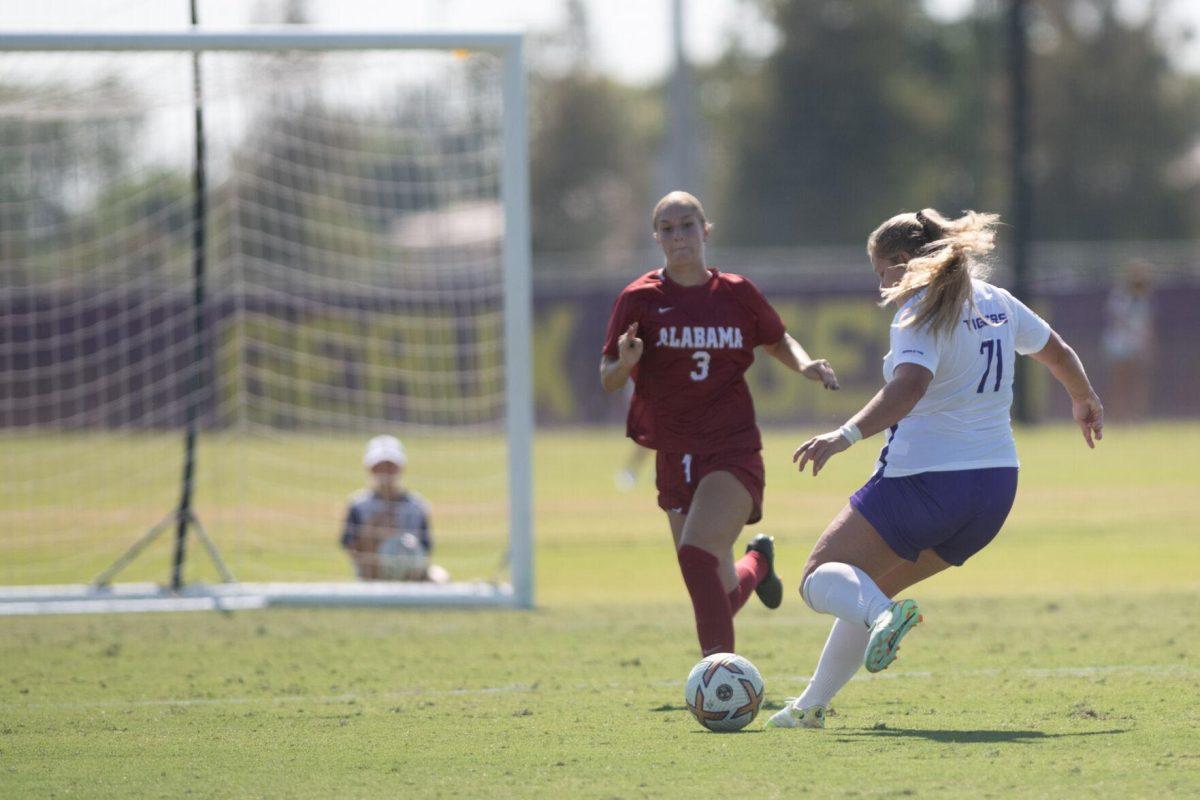 LSU soccer junior forward Mollie Baker (71) takes a shot on Sunday, Oct. 9, 2022, during LSU&#8217;s defeat to Alabama 0-5 at LSU&#8217;s Soccer Stadium off Nicholson Drive.