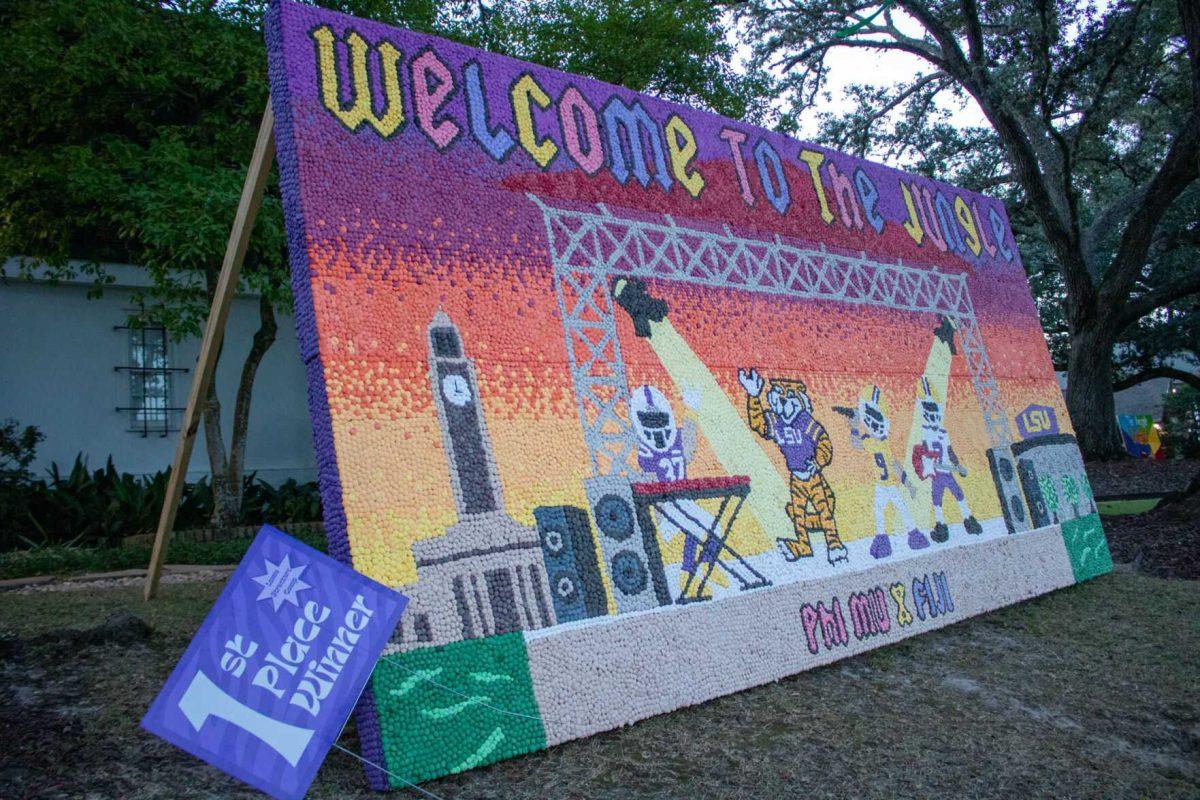 The Phi Mu sorority's pomping board wins first place in Homecoming Pomping board competition on Saturday, October 22, 2022 on W Lakeshore Drive on LSU Campus.