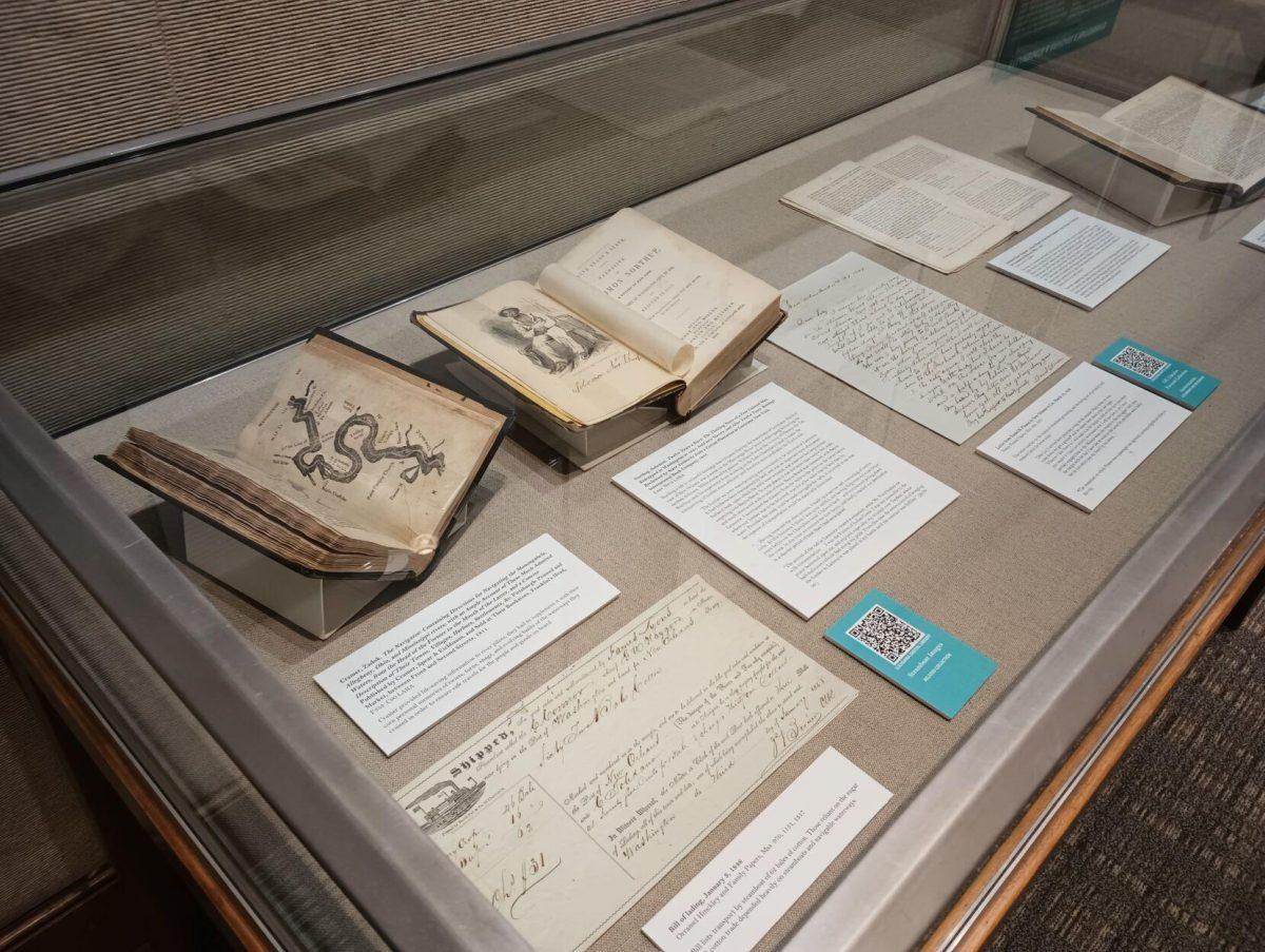 Case featuring sketching of the Mississippi River and letters about flooding on display in the Hill Memorial Library in Baton Rouge, La.&#160;&#160;