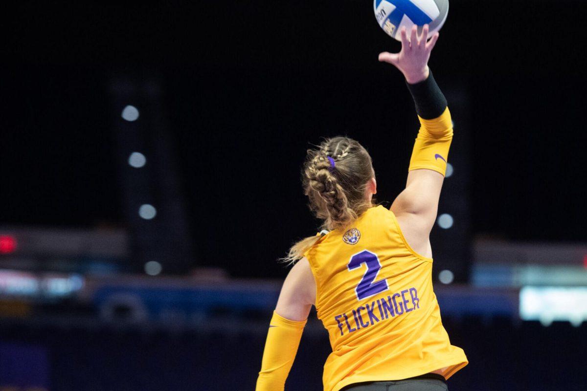 LSU volleyball junior outside hitter Paige Flickinger (2) serves the ball on Sunday, Oct. 30, 2022, during LSU&#8217;s 3-2 loss to Mississippi State at the Pete Maravich Assembly Center in Baton Rouge, La.