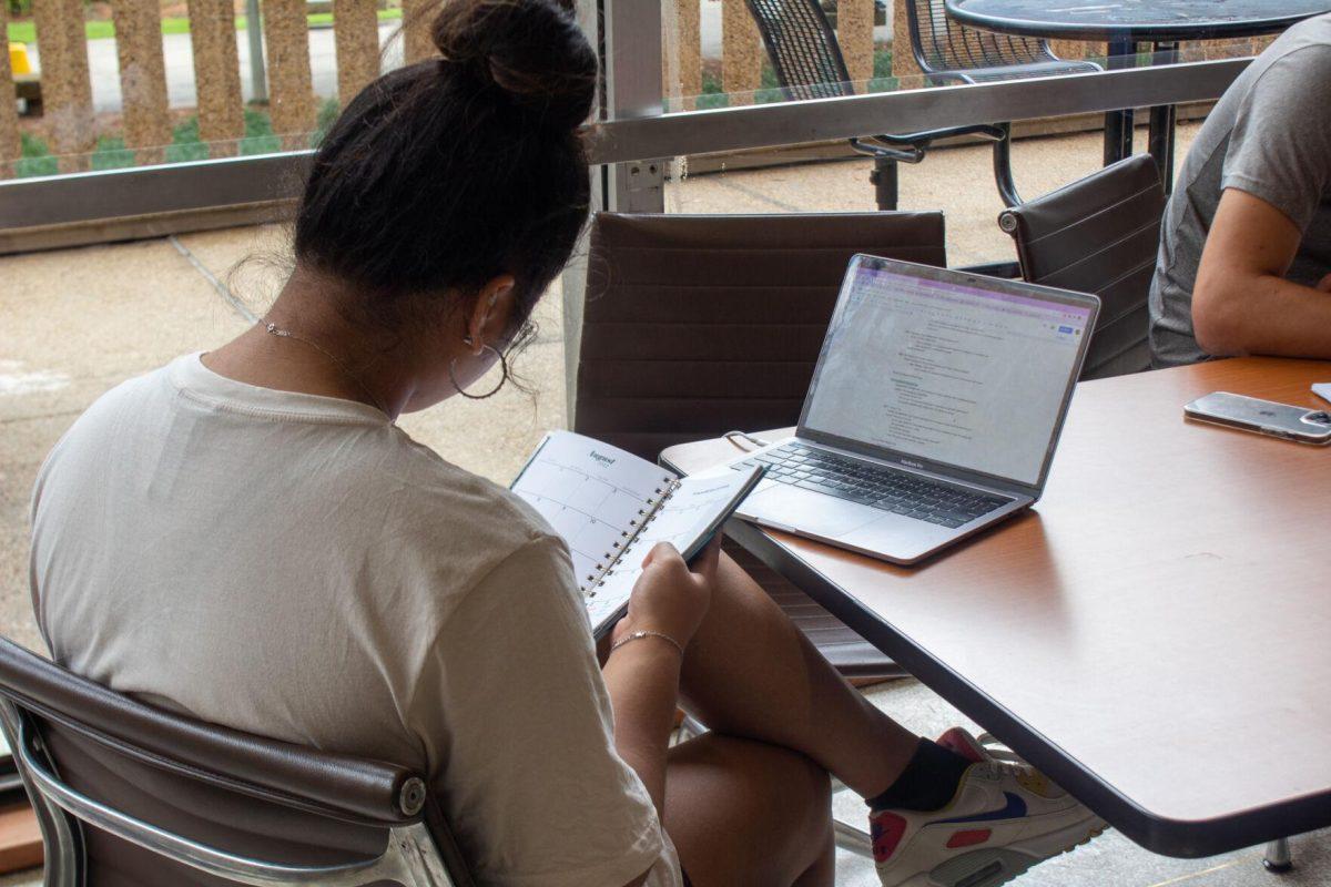 A student looks over her notes while studying on Sunday, October 23, 2022, in the Student Union on LSU Campus.