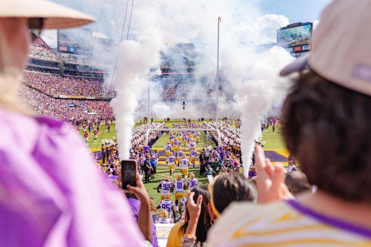 The LSU football team takes the field on Saturday, Oct. 22, 2022, prior to their 45-20 victory over Ole Miss in Tiger Stadium in Baton Rouge, La.