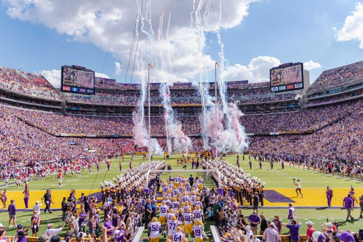 The LSU football team takes the field on Saturday, Oct. 22, 2022, prior to LSU&#8217;s 45-20 victory over Ole Miss in Tiger Stadium in Baton Rouge, La.