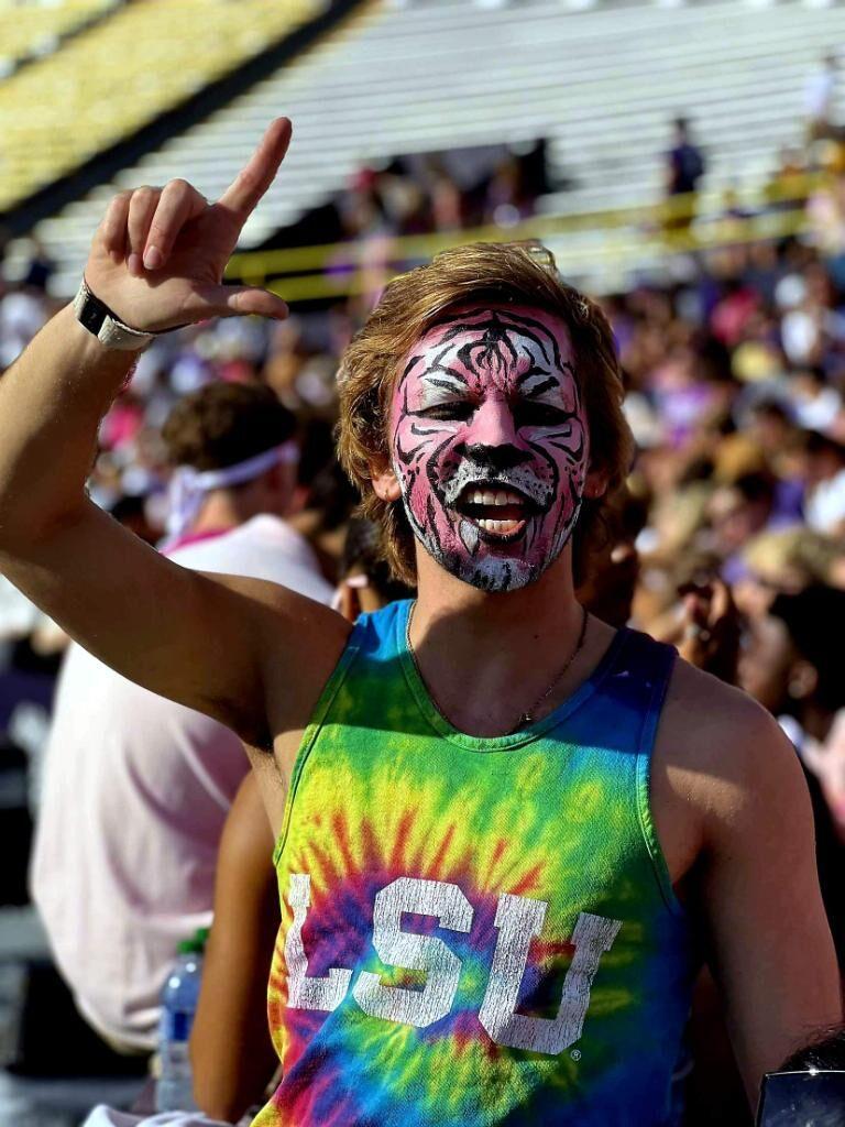 LSU Sophomore Will Woodward&#160;attends the LSU vs. Tennessee Football game with a pink-tiger face paint.&#160;