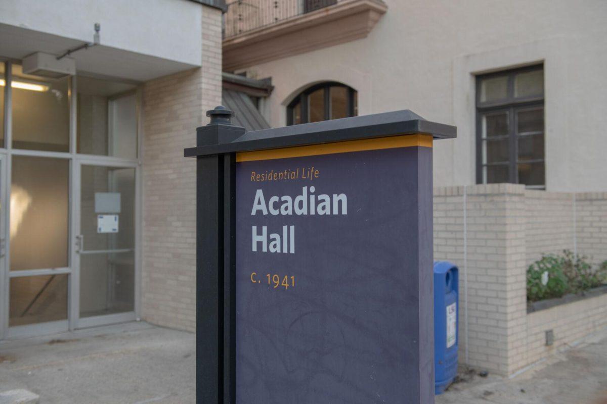 The sign sits in front of Acadian Hall on Wednesday, Oct. 5, 2022, on Highland Drive in Baton Rouge, La.