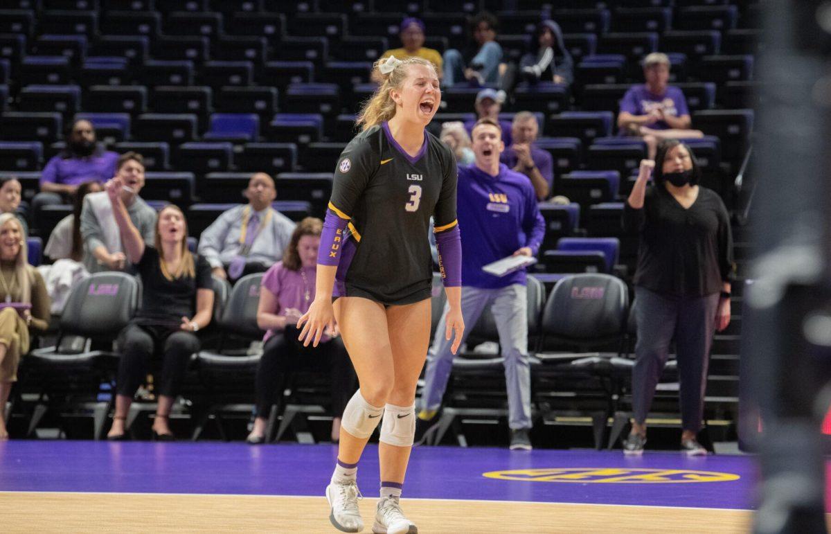 LSU volleyball sophomore libero/defensive specialist Ella Larkin (3) celebrates on Wednesday, Oct. 5, 2022, before their 3-2 victory over Auburn in the Pete Maravich Assembly Center on N. Stadium Drive.