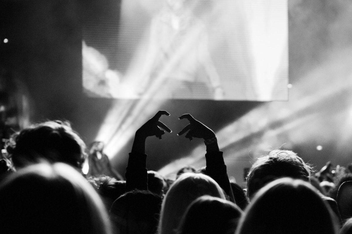 A student in the crowd makes a heart shape with her hands on Wednesday, Oct. 19, 2022, at LSU's homecoming concert at the PMAC on North Stadium Drive in Baton Rouge, La.