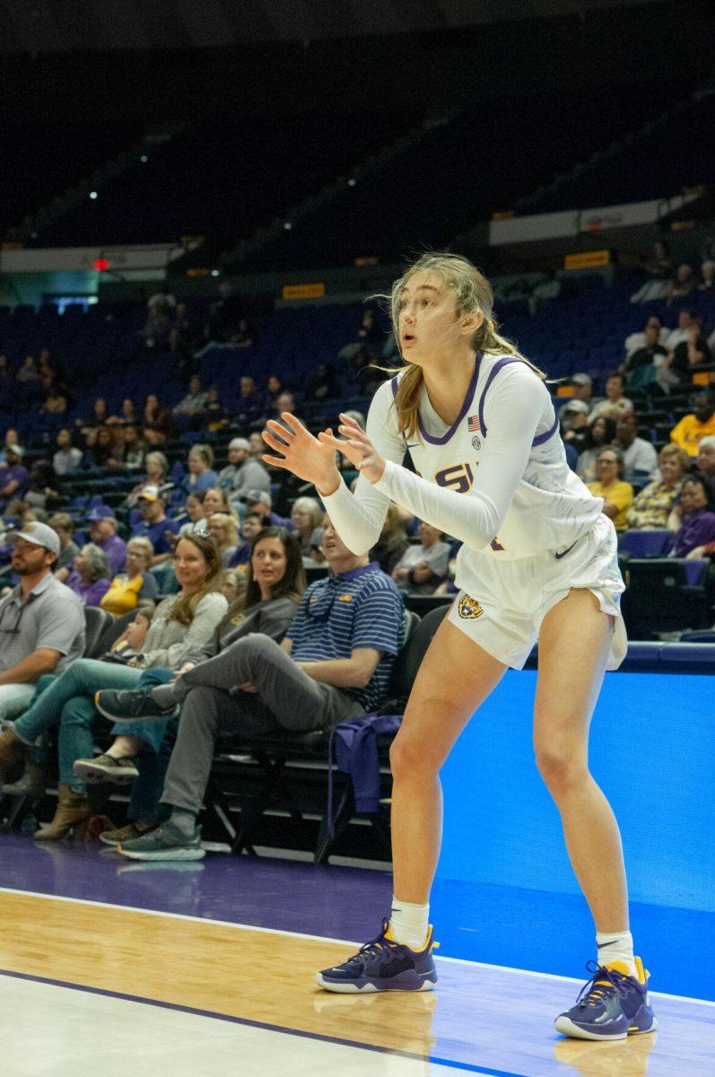 LSU women's basketball guard Izzy Besselman stands ready to catch the ball at an exhibition game against Mississippi College on Thursday, Oct. 27, 2022, in the Pete Maravich Assembly Center on N. Stadium Drive.