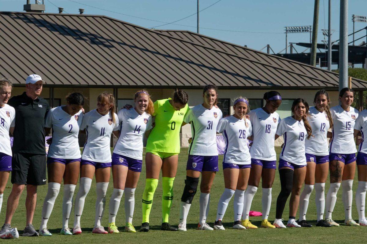 The LSU soccer team stands together on Sunday, Oct. 2, 2022, after LSU&#8217;s 3-2 win against University of Kentucky at LSU&#8217;s Soccer Stadium off Nicholson Drive.