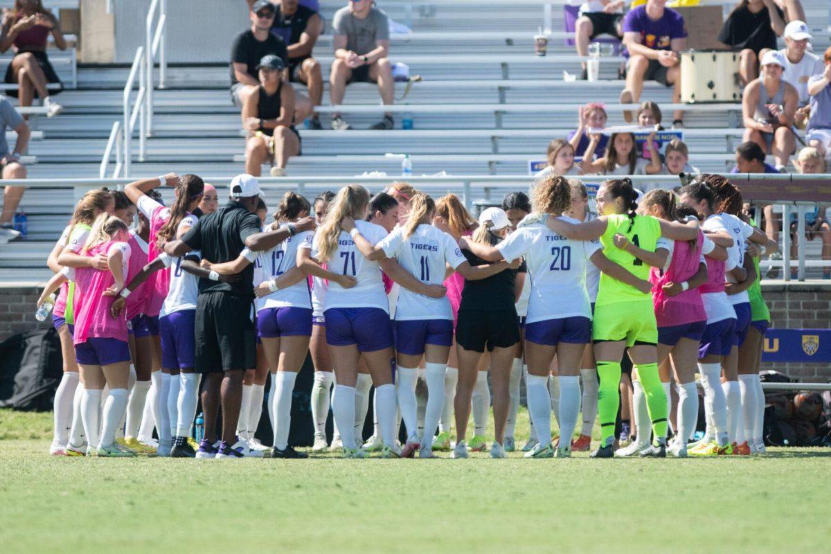 The LSU soccer team huddles together before the start of the second half on Sunday, Oct. 9, 2022, during LSU&#8217;s defeat to Alabama 0-5 at LSU&#8217;s Soccer Stadium off Nicholson Drive.