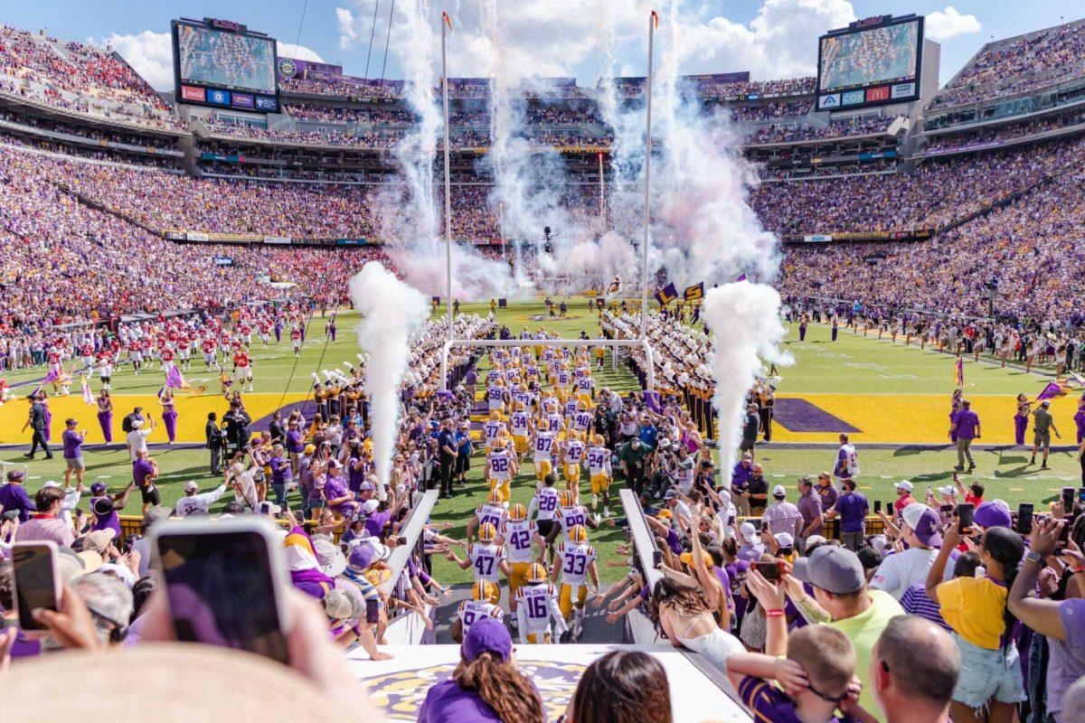 The LSU football team takes the field on Saturday, Oct. 22, 2022, prior to LSU&#8217;s 45-20 victory over Ole Miss in Tiger Stadium in Baton Rouge, La.