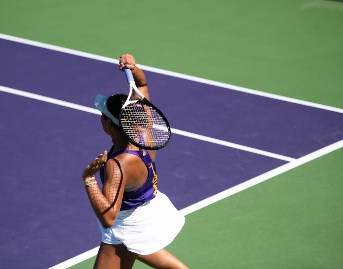 LSU women&#8217;s tennis senior Safiya Carrington hits the ball Friday, Oct. 14, 2022, during the ITA Southern Regional in the singles round of 64 at the LSU Tennis Complex on Gourrier Avenue in Baton Rouge, La.