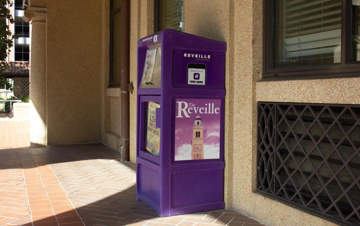 The purple Reveille newsstand sits on Monday, Oct. 3, 2022, in front of Evangeline Hall in Baton Rouge, La.