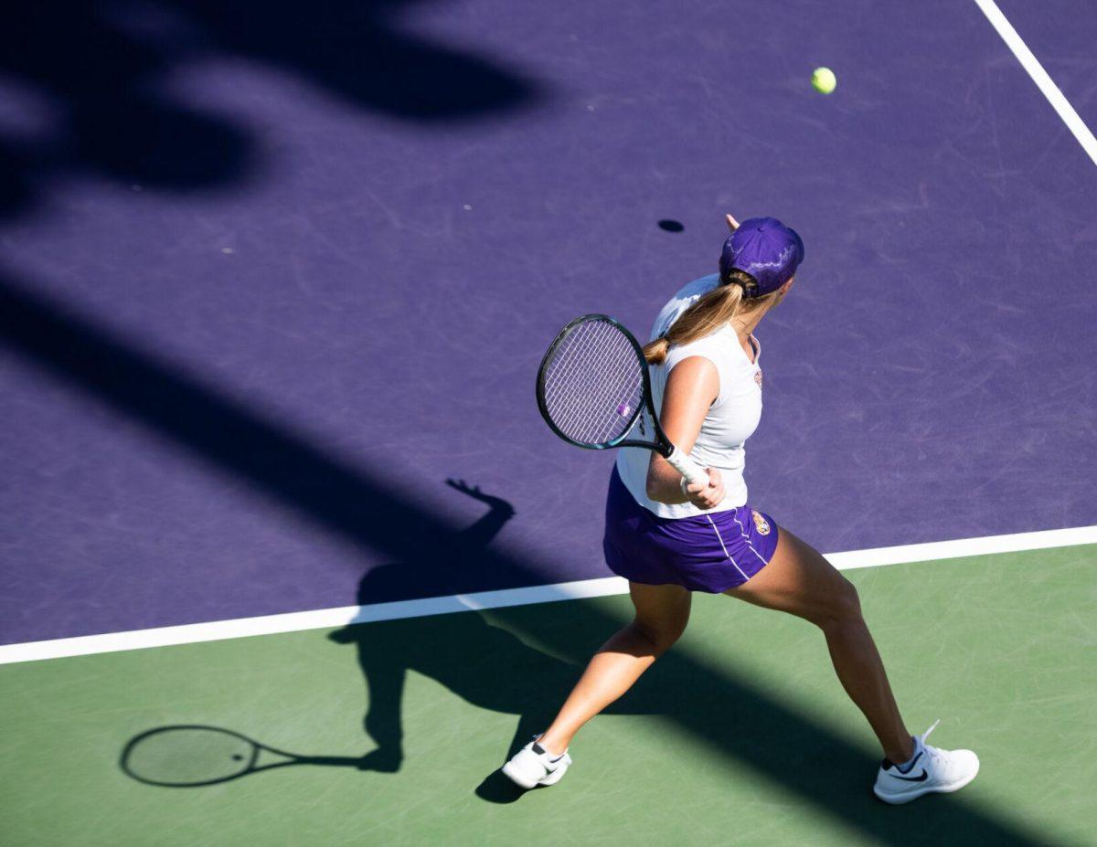 LSU women&#8217;s tennis senior Maggie Cubitt hits the ball Friday, Oct. 14, 2022, during the ITA Southern Regional in the singles round of 64 at the LSU Tennis Complex on Gourrier Avenue in Baton Rouge, La.