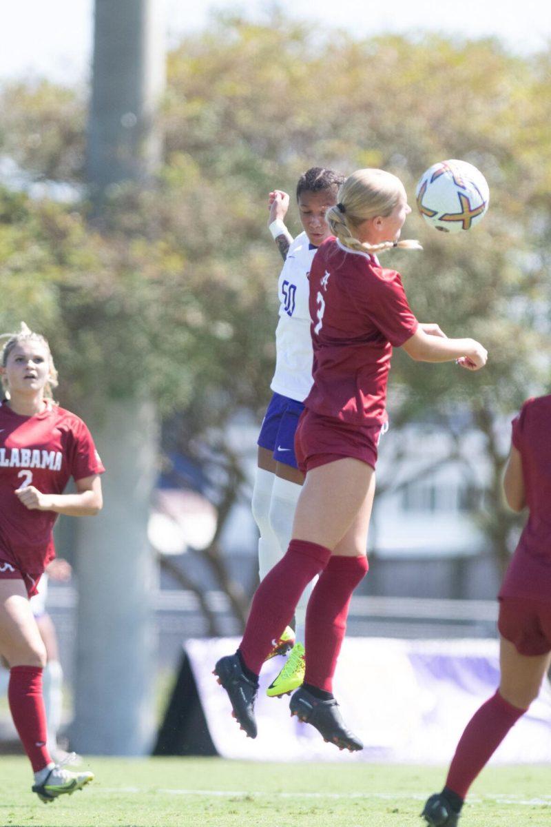 LSU soccer freshman forward Sage Glover (50) jumps up for a header on Sunday, Oct. 9, 2022, during LSU&#8217;s defeat to Alabama 0-5 at LSU&#8217;s Soccer Stadium off Nicholson Drive.