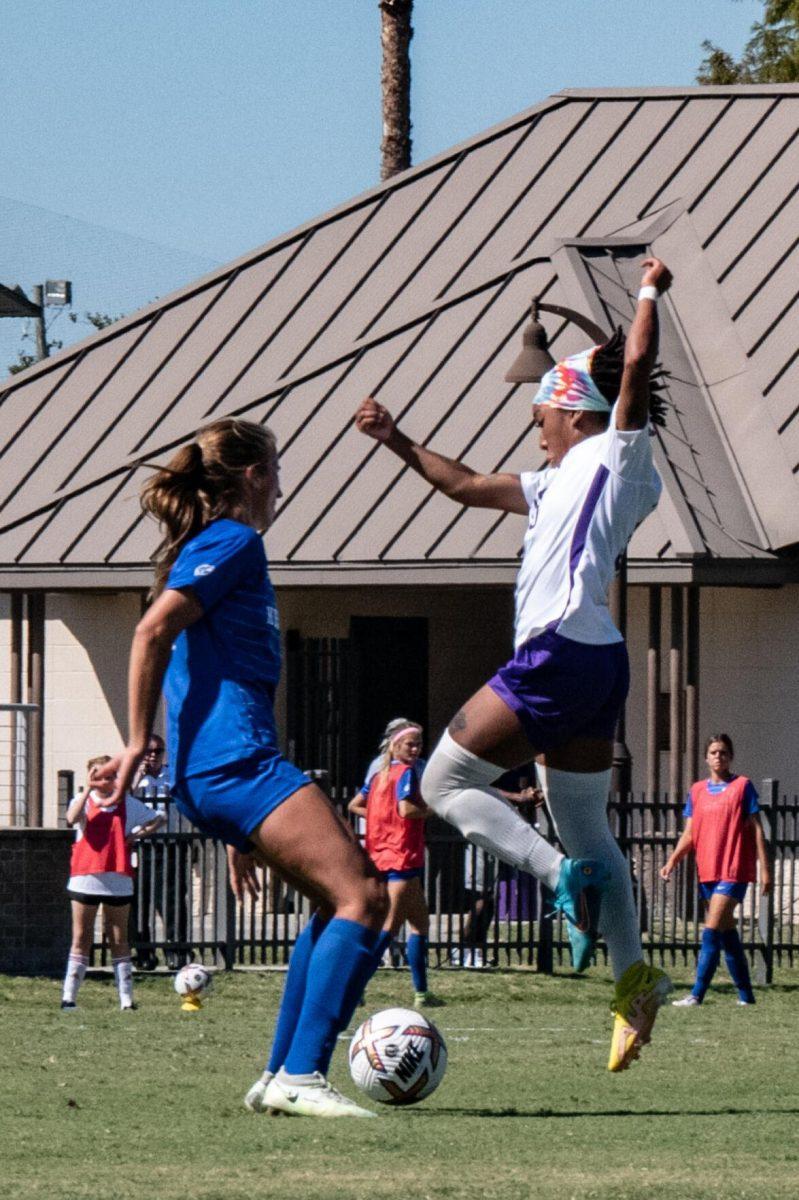 LSU soccer senior forward Rammie Noel (38) fights for the ball on Sunday, Oct. 2, 2022, during LSU&#8217;s 3-2 win against University of Kentucky at LSU&#8217;s Soccer Stadium off Nicholson Drive.