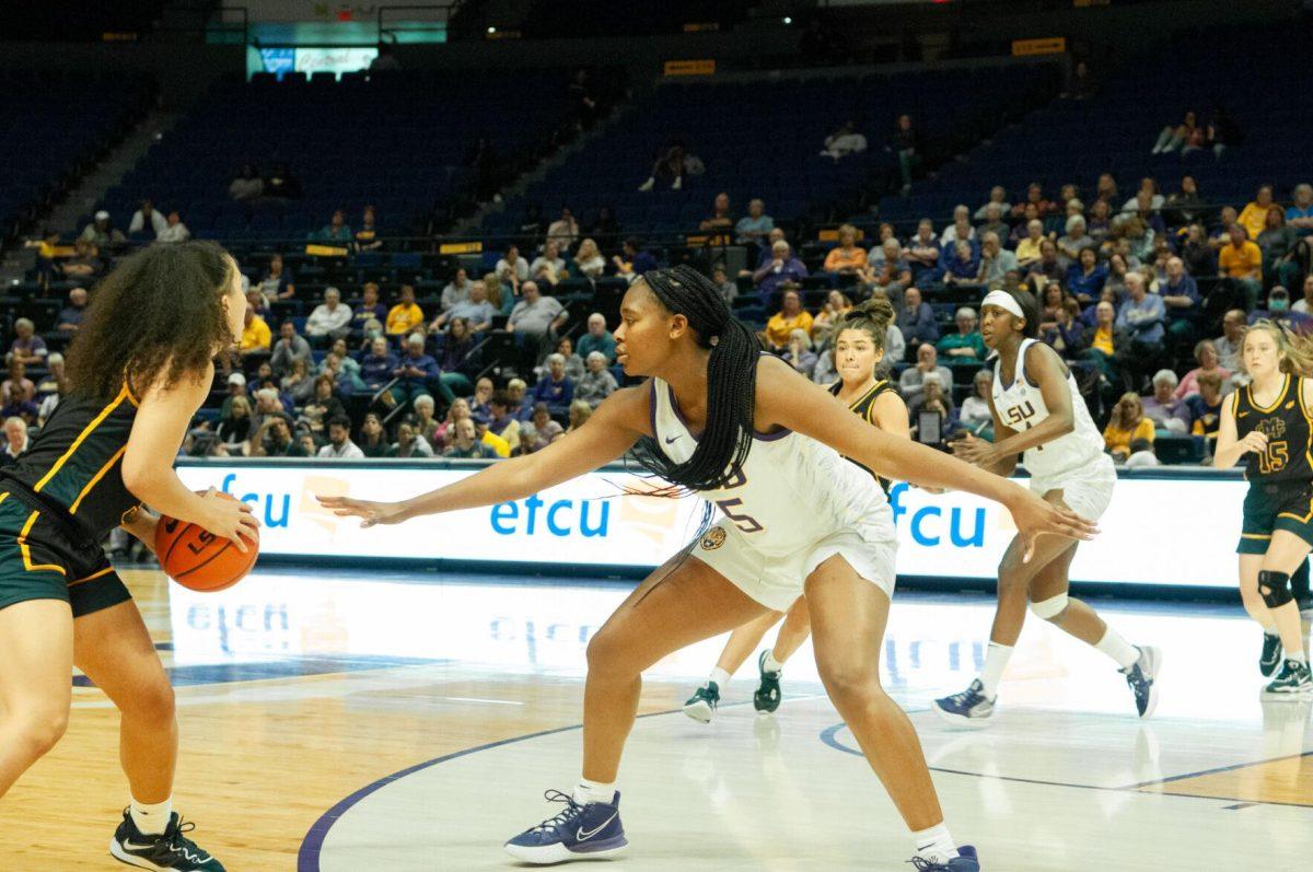 LSU women's basketball forward Alisa Williams plays defense at an exhibition game against Mississippi College on Thursday, Oct. 27, 2022, in the Pete Maravich Assembly Center on N. Stadium Drive.