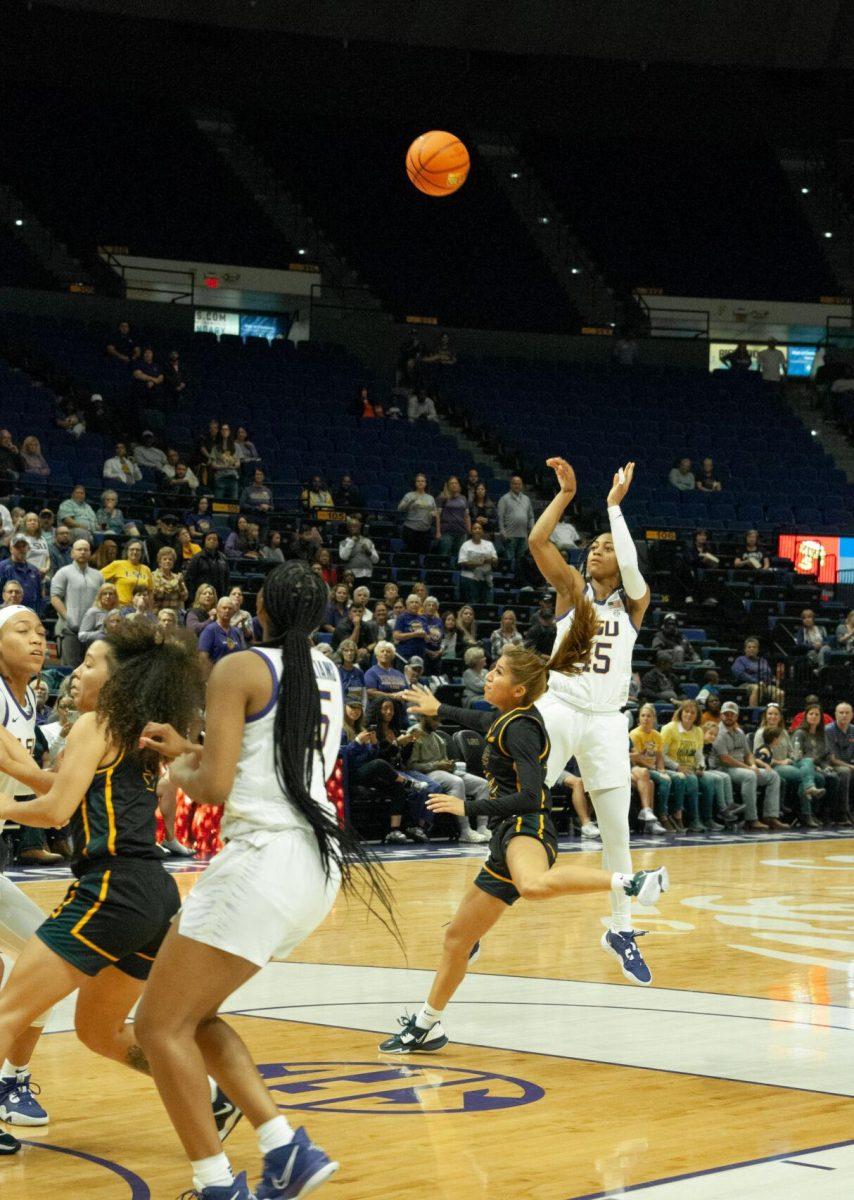 LSU women's basketball guard Alexis Morris shoots the ball in the first quarter of an exhibition game against Mississippi College on Thursday, Oct. 27, 2022, in the Pete Maravich Assembly Center on N. Stadium Drive.