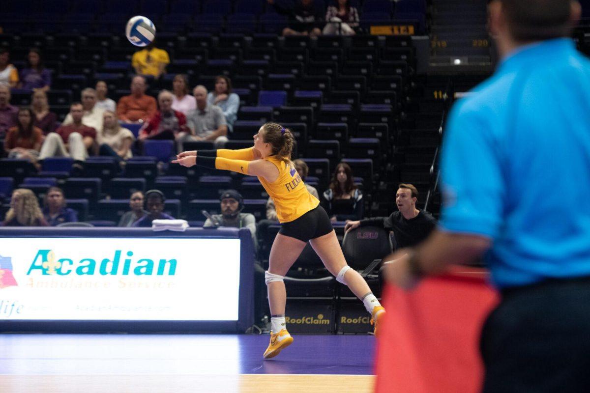 LSU volleyball junior outside hitter Paige Flickinger (2) hits the ball on Sunday, Oct. 30, 2022, during LSU&#8217;s 3-2 loss to Mississippi State at the Pete Maravich Assembly Center in Baton Rouge, La.