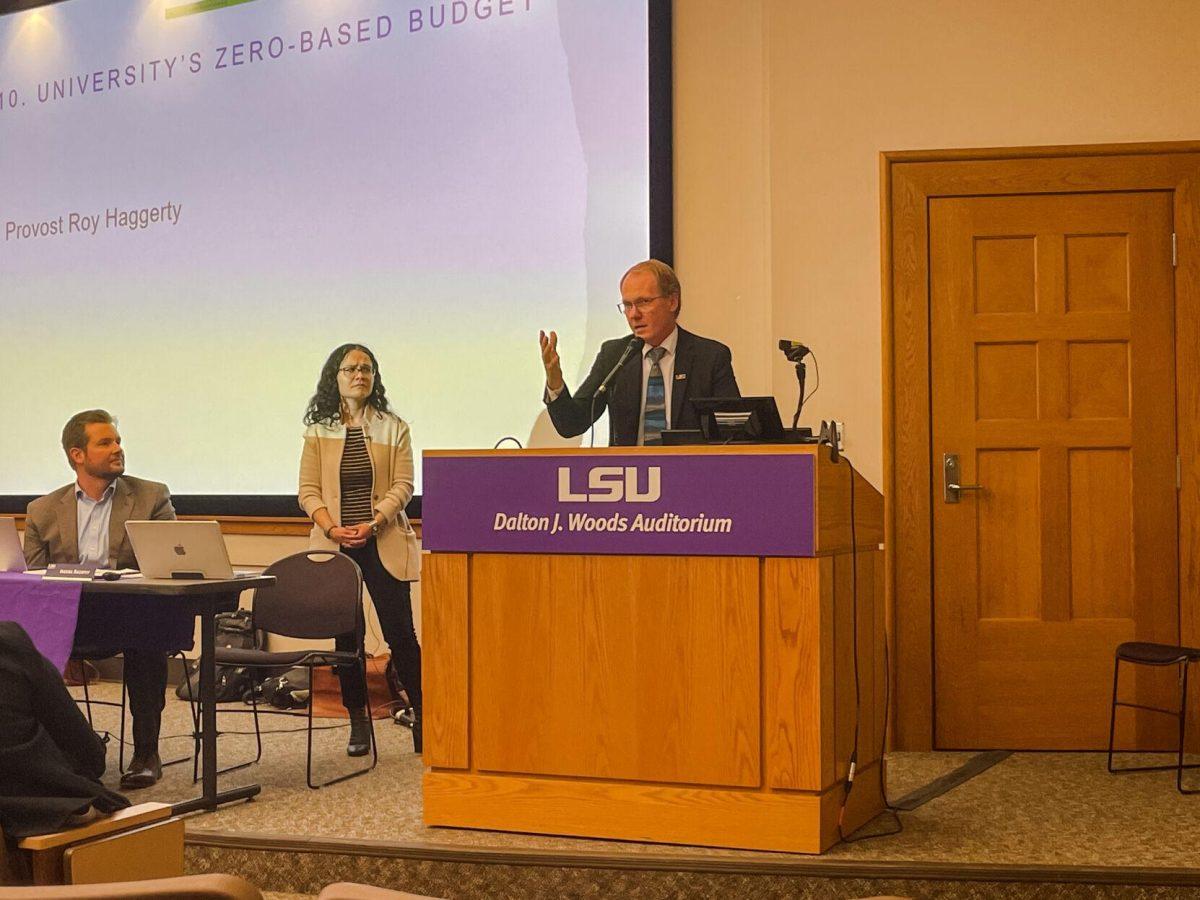 Vice President and Provost Roy Haggerty speaks to LSU's Faculty Senate on Thursday, Oct. 20, in the&#160;Dalton Woods Auditorium in the Coast and Environment Building.&#160;