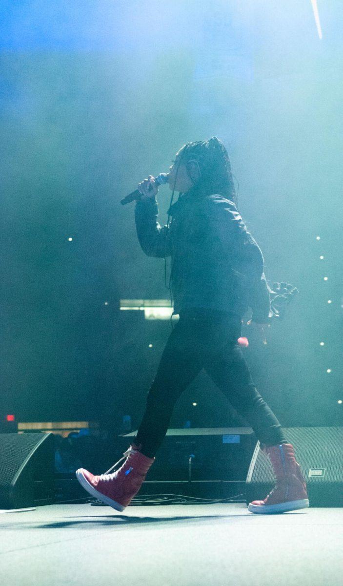 American rapper Rico Nasty walks towards the left side of the stage on Wednesday, Oct. 19, 2022, at LSU's homecoming concert at the PMAC on North Stadium Drive in Baton Rouge, La.