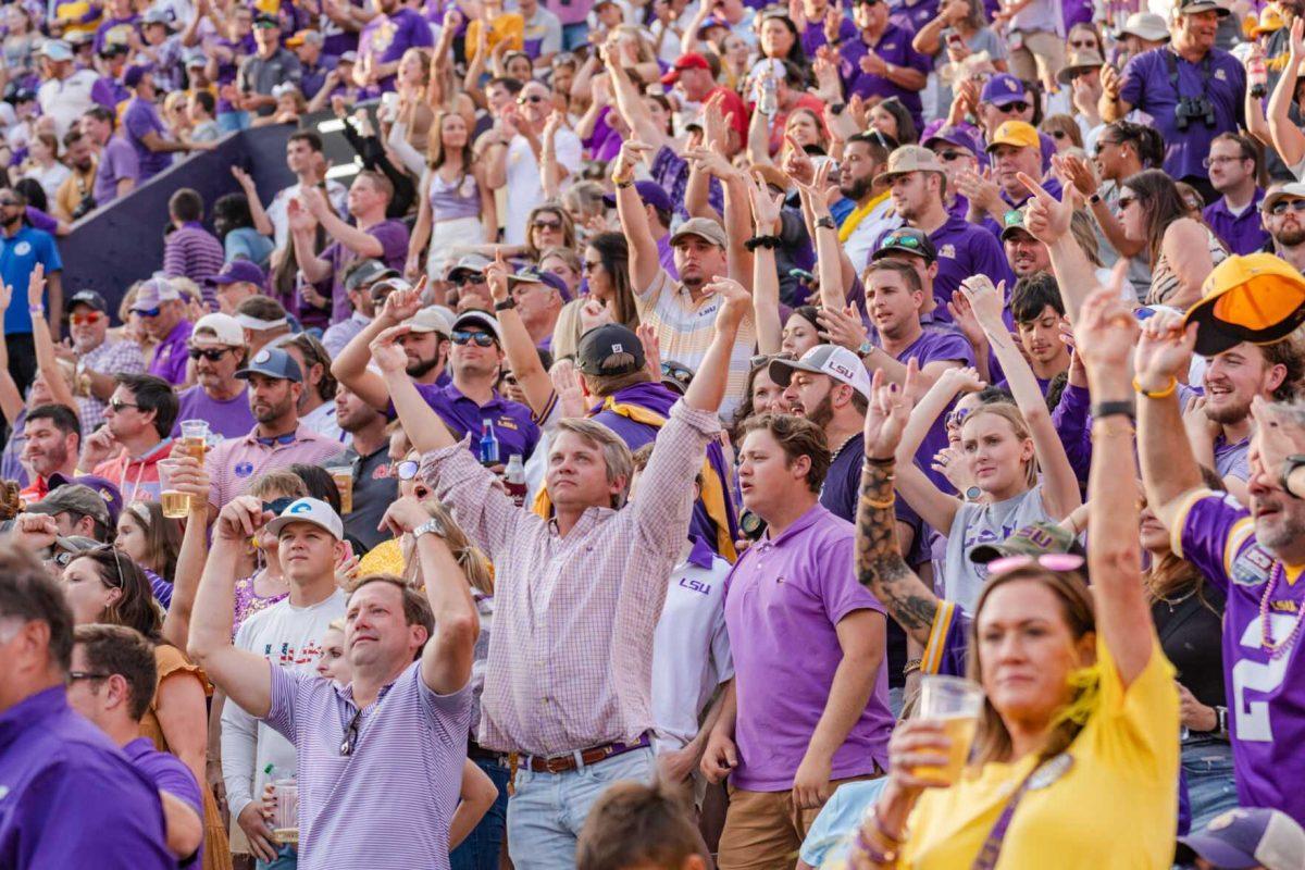 LSU fans cheer on Saturday, Oct. 22, 2022, during LSU&#8217;s 45-20 victory over Ole Miss in Tiger Stadium in Baton Rouge, La.