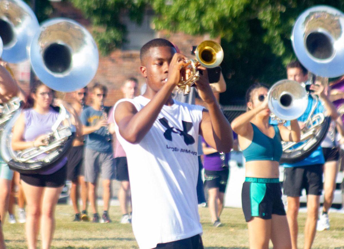 An LSU trumpet player practices on Thursday, Oct. 6, 2022, at the LSU Band Hall on Aster Street in Baton Rouge, La.