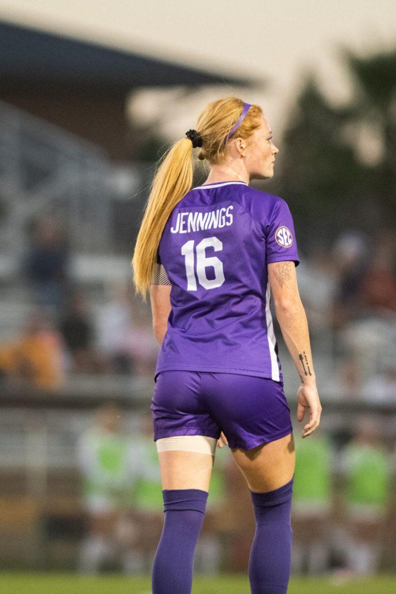 LSU soccer fifth-year senior defender Lindsi Jennings (16) looks down the field on Thursday, Oct. 27, 2022, during LSU&#8217;s 4-1 victory against Ole Miss at LSU&#8217;s Soccer Stadium off of Nicholson Drive.