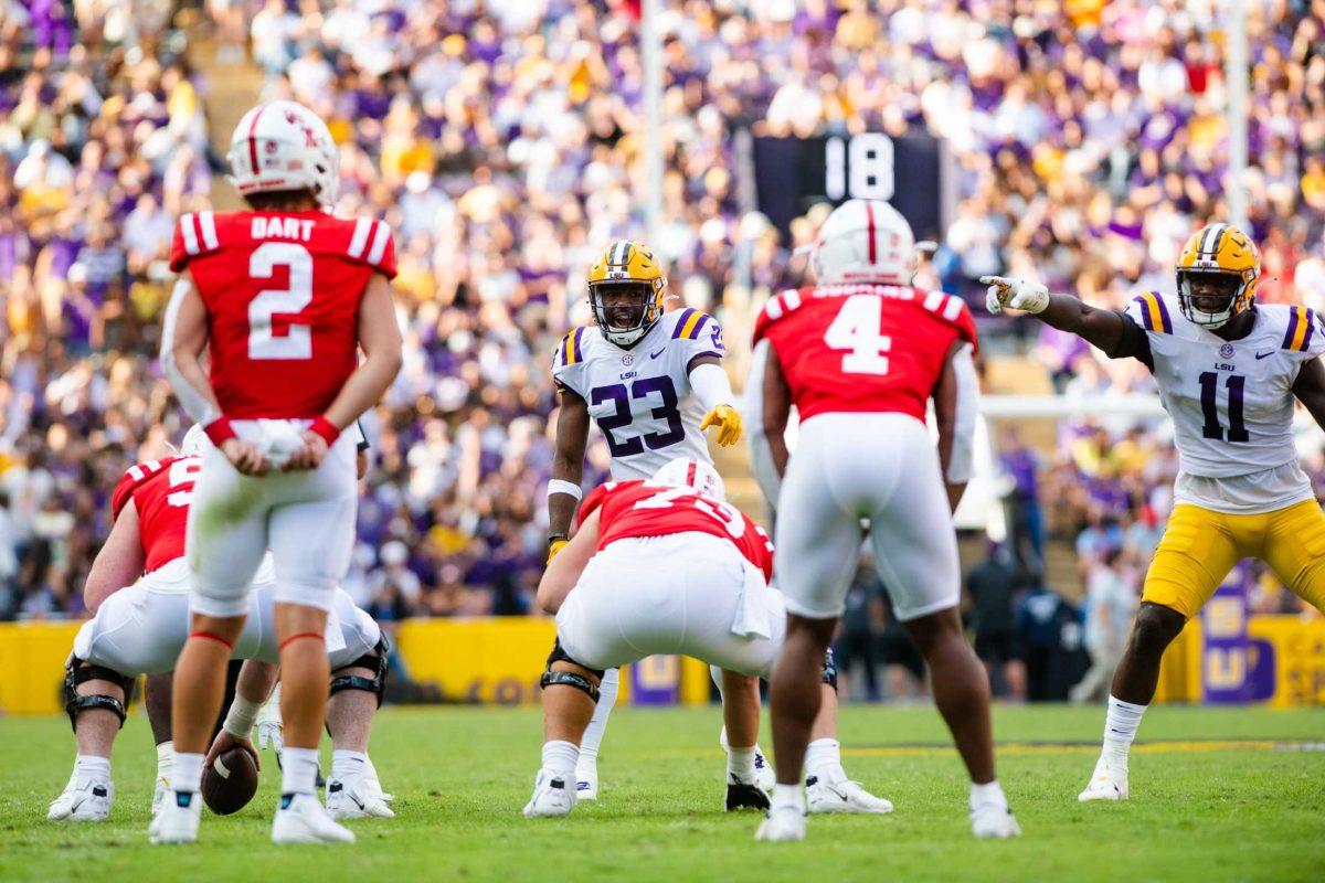 LSU football fifth-year senior linebacker Micah Baskerville (23) prepares for the play Saturday, Oct. 22, 2022, during LSU&#8217;s 45-20 win against Ole Miss at Tiger Stadium in Baton Rouge, La.