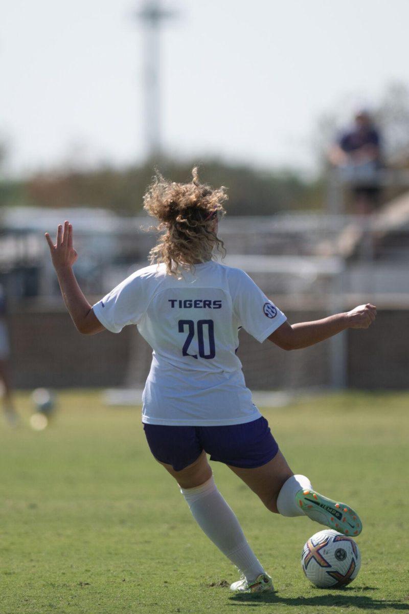 LSU soccer fifth-year senior midfielder Brenna McPartlan (20) takes a free kick on Sunday, Oct. 9, 2022, during LSU&#8217;s defeat to Alabama 0-5 at LSU&#8217;s Soccer Stadium off Nicholson Drive.