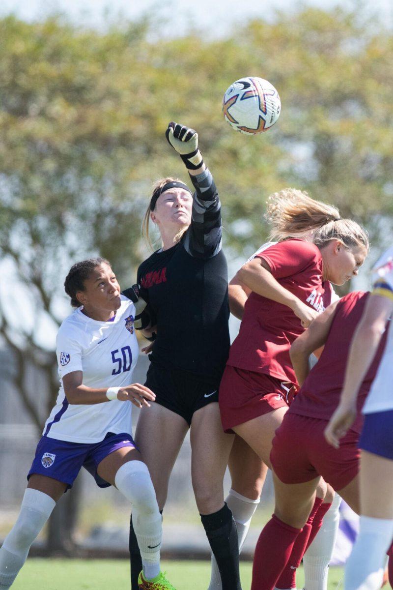 LSU soccer freshman forward Sage Glover (50) fights for the ball off a corner kick on Sunday, Oct. 9, 2022, during LSU&#8217;s defeat to Alabama 0-5 at LSU&#8217;s Soccer Stadium off Nicholson Drive.