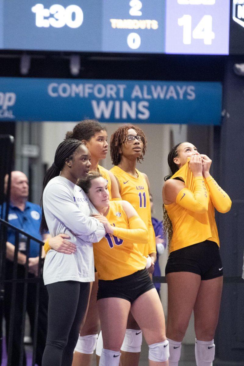 The LSU volleyball team anxiously waits to see if the last point is reversed on Sunday, Oct. 30, 2022, during LSU&#8217;s 3-2 loss to Mississippi State at the Pete Maravich Assembly Center in Baton Rouge, La.