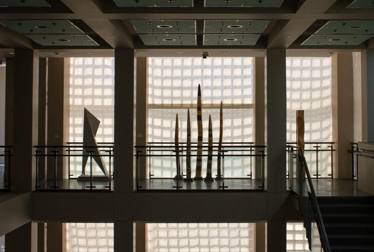 Several sculptures sit in front of the windows on Saturday, Oct. 1, 2022, at the Ogden Museum of Southern Art in New Orleans, La.