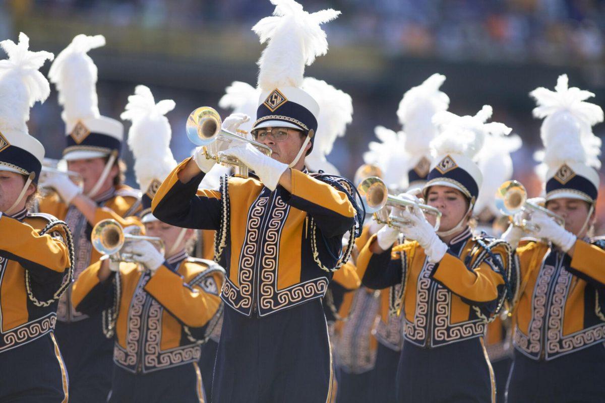 The Tiger Band trumpets perform on the field before the start of the game against Tennessee on Saturday, Oct. 8, 2022, in Tiger Stadium.