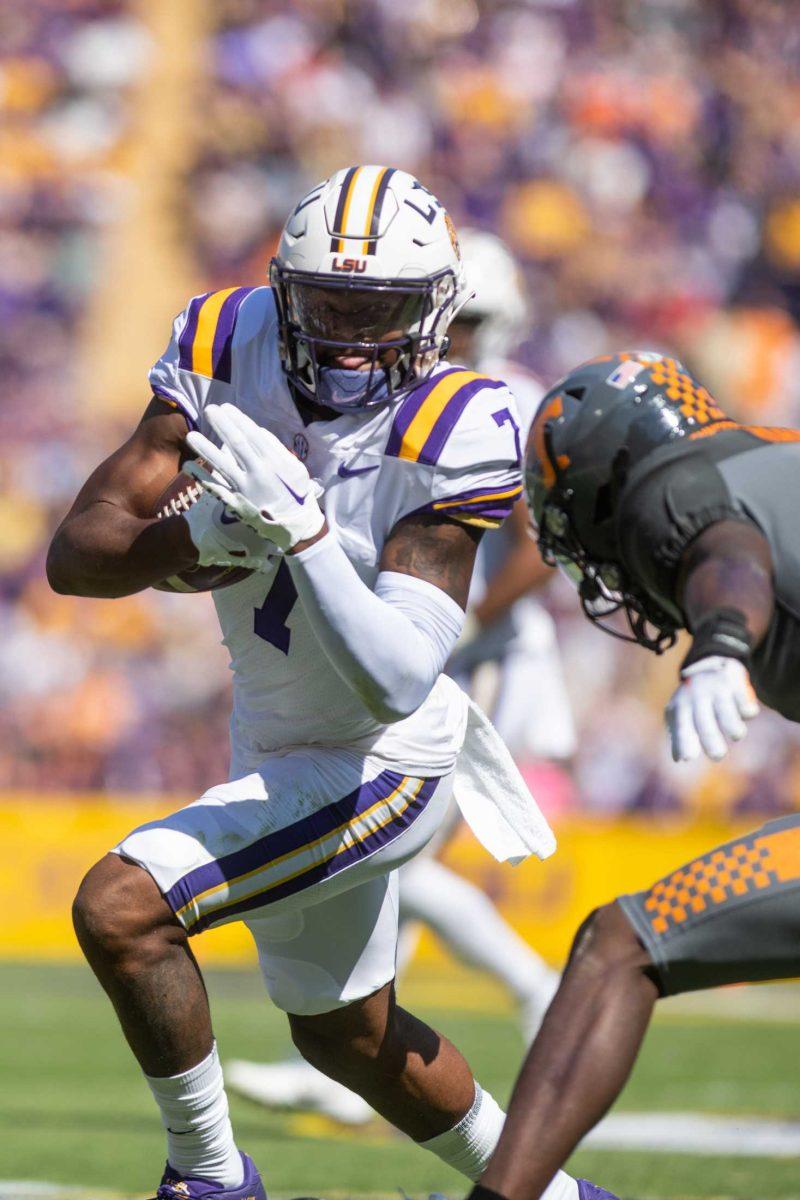 LSU junior wide receiver Kayshon Boutte (7) runs with the ball on Saturday, Oct. 8, 2022, during LSU's defeat to Tennessee 13-40 in Tiger Stadium.