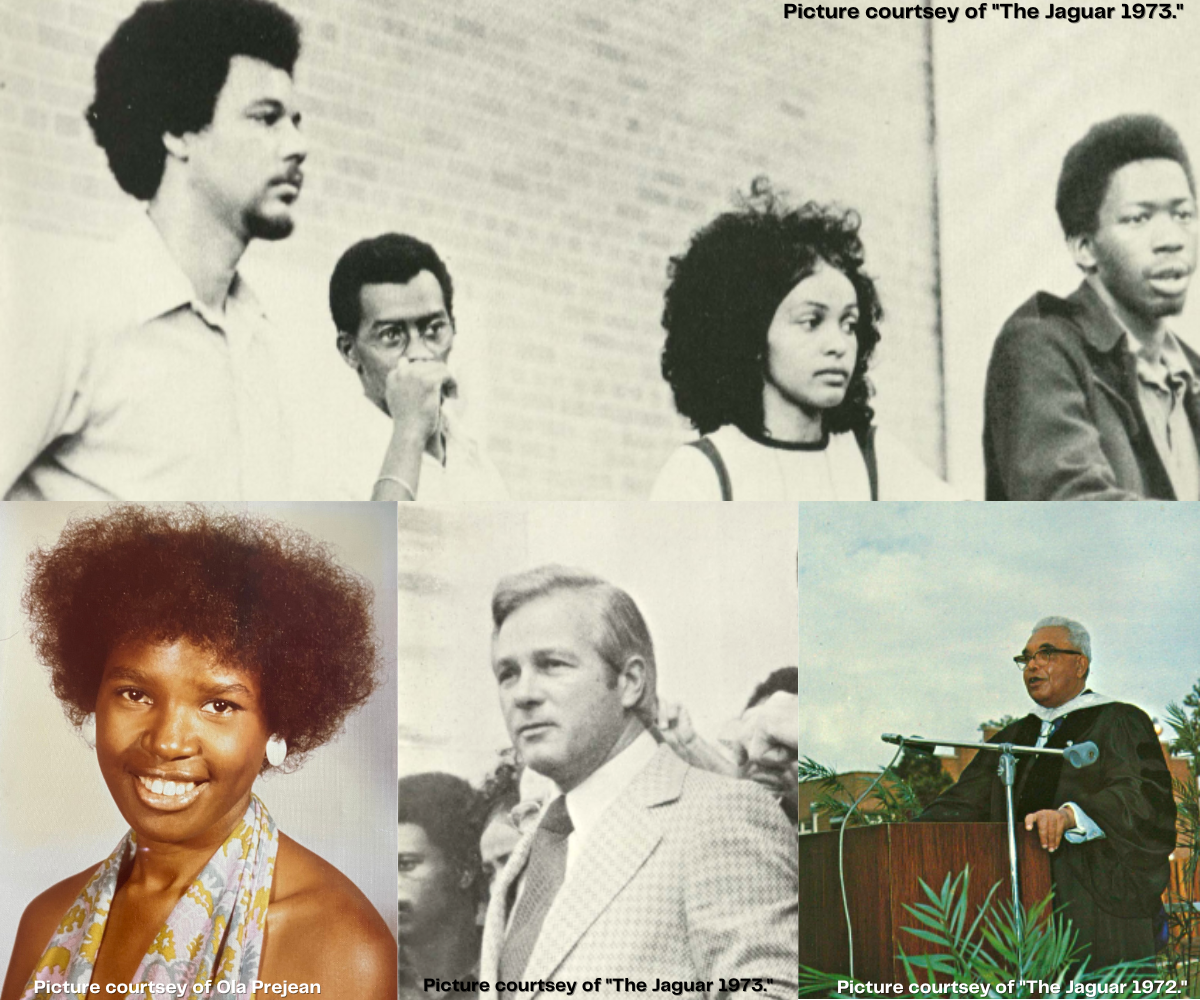 Key figures: (Top row, left to right) Students United leaders Fred Prejean, Rickey Hill, Sukari Hardnett and Herget Harris spoke to Southern students in 1972. (Bottom row) Ola Sims (left), who later married Fred Prejean, was involved in the protests at Southern; Gov. Edwin Edwards (middle) and Southern University President George Leon Netterville (right) negotiated with students over conditions at the school.