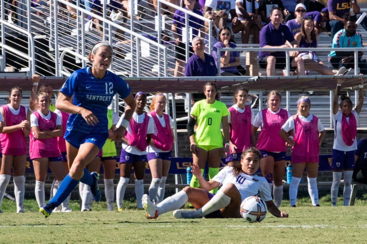 LSU soccer fifth-year senior forward Alesia Garcia (10) falls after fighting for the ball on Sunday, Oct. 2, 2022, during LSU&#8217;s 3-2 win against University of Kentucky at LSU&#8217;s Soccer Stadium off Nicholson Drive.