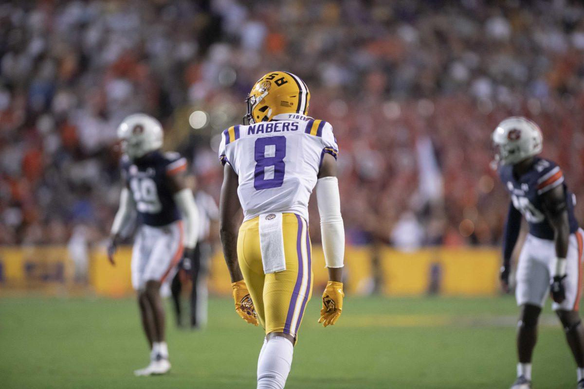 LSU freshman wide reciever Malik Nabers (8) lines up on Saturday, Oct. 2, 2021, during LSU's 24-19 loss against Auburn at Tiger Stadium in Baton Rouge, La.