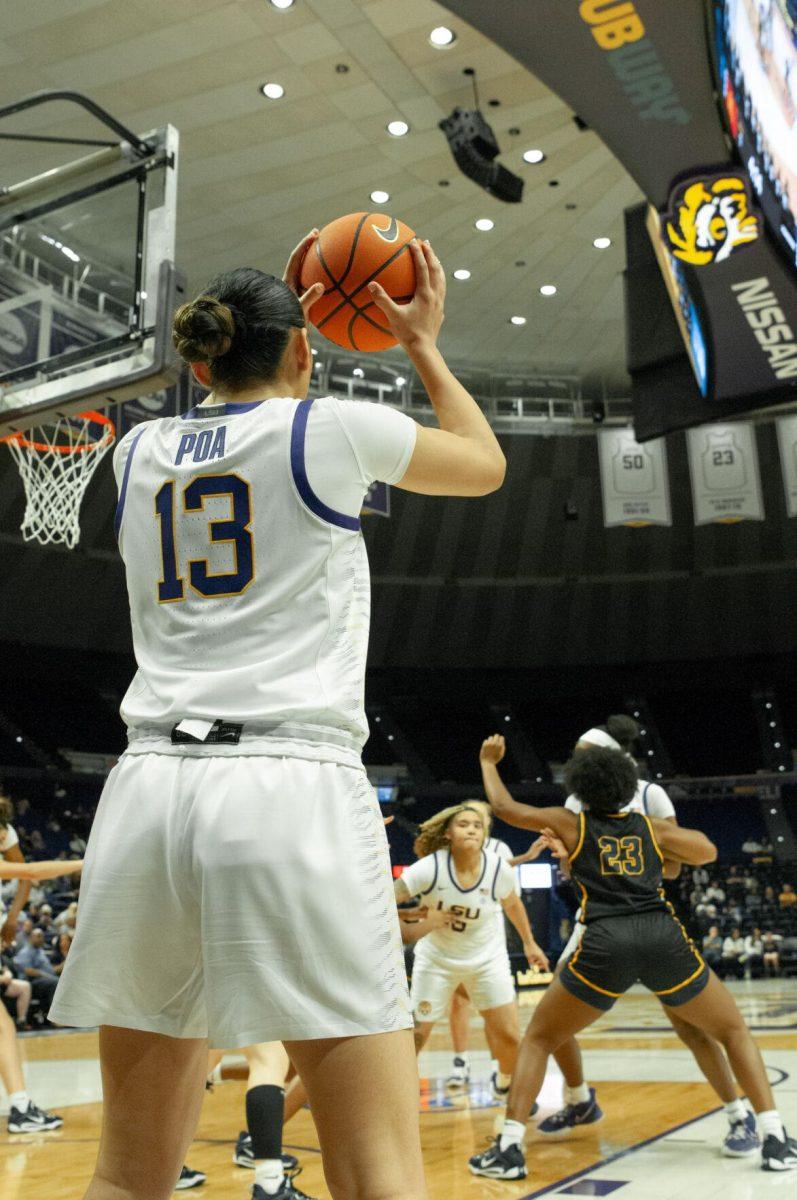 LSU women's basketball guard Last-Tear Poa waits for the right moment to throw the ball to a teammate at an exhibition game against Mississippi College on Thursday, Oct. 27, 2022, in the Pete Maravich Assembly Center on N. Stadium Drive.