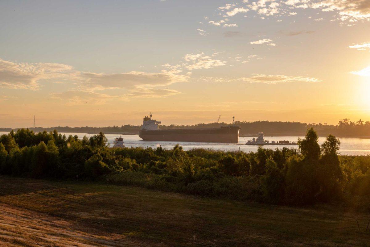 A ship sails down the Mississippi River on Tuesday, Oct. 11, 2022, in the Mississippi River near River Road in Baton Rouge, La.