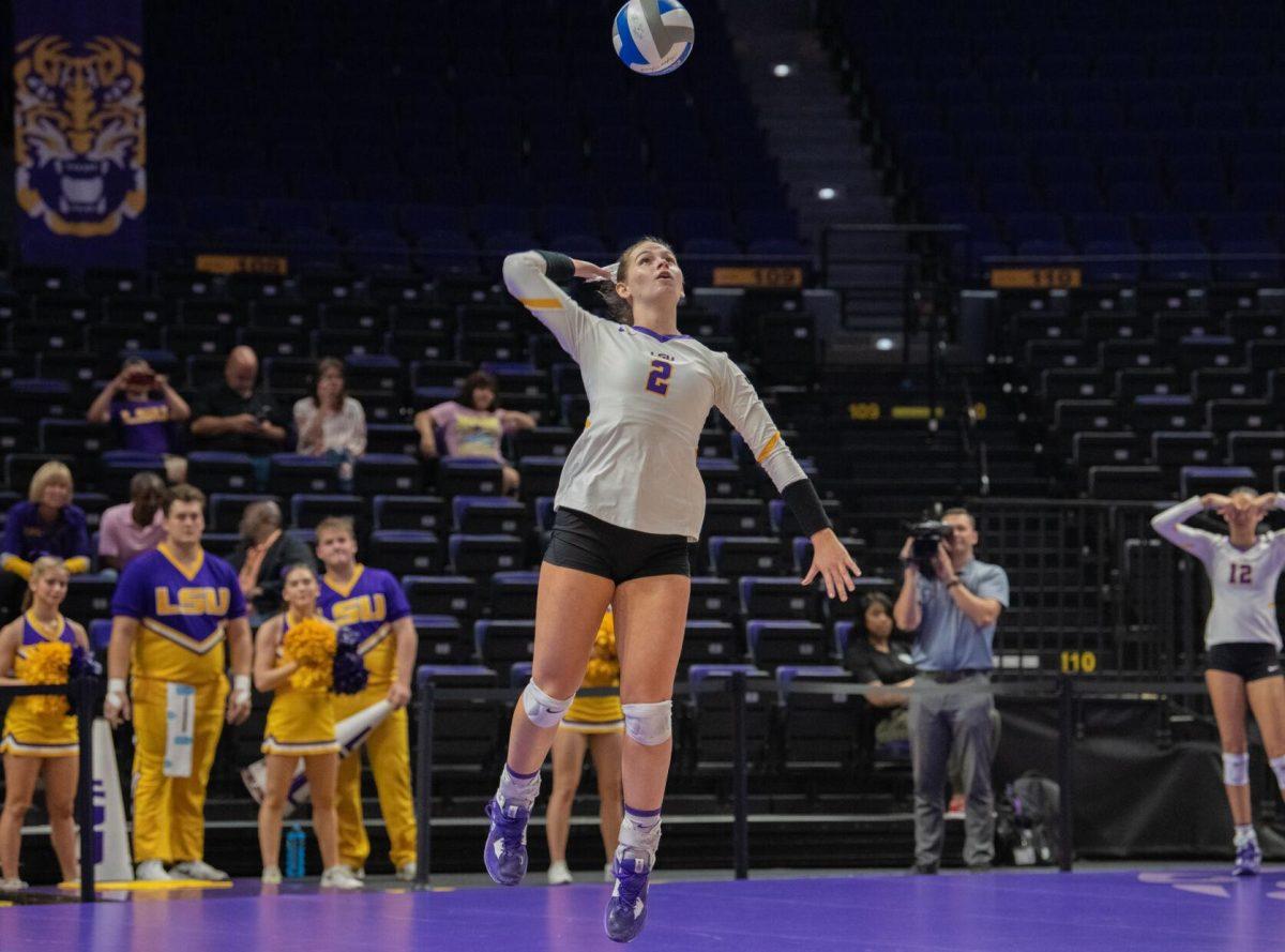 LSU volleyball junior outside hitter Paige Flickinger (2) leaps into the air on Wednesday, Oct. 5, 2022, before their 3-2 victory over Auburn in the Pete Maravich Assembly Center on N. Stadium Drive.