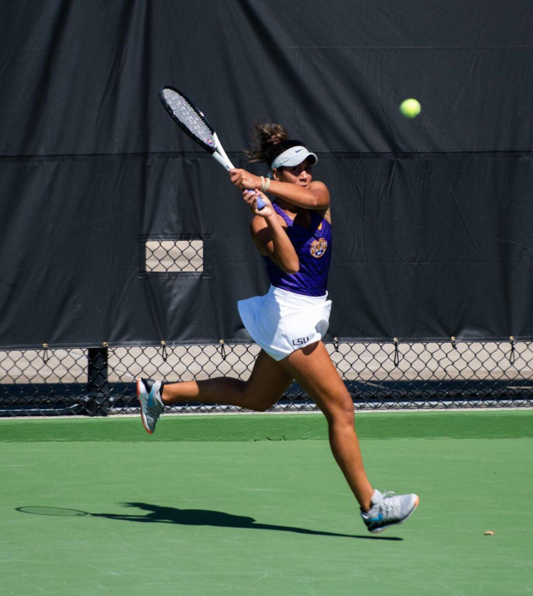 LSU women&#8217;s tennis senior Safiya Carrington returns the ball Friday, Oct. 14, 2022, during the ITA Southern Regional in the singles round of 64 at the LSU Tennis Complex on Gourrier Avenue in Baton Rouge, La.