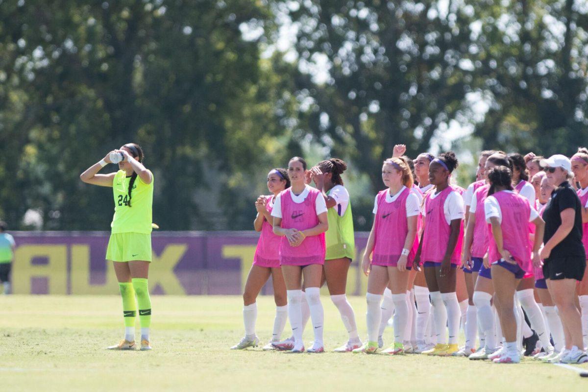 The LSU soccer team looks on in disbelief as a goal is overturned for being offsides on Sunday, Oct. 9, 2022, during LSU&#8217;s defeat to Alabama 0-5 at LSU&#8217;s Soccer Stadium off Nicholson Drive.