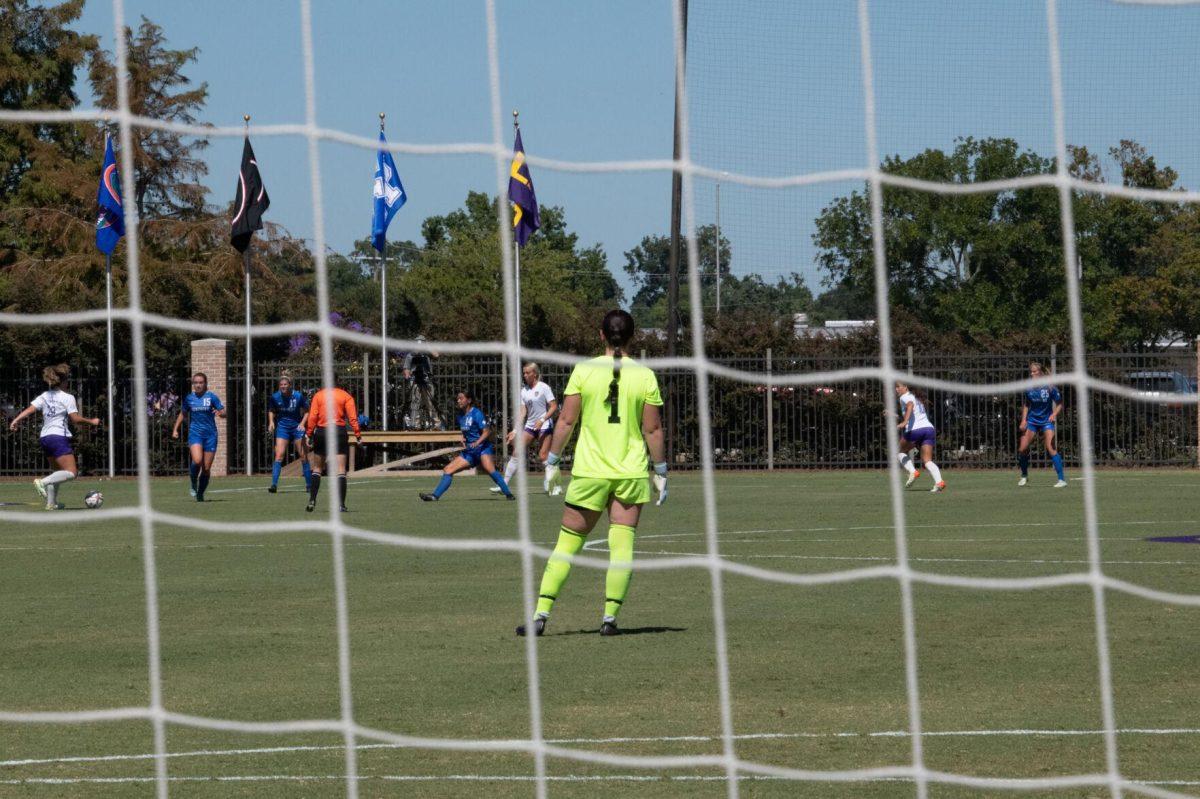 LSU soccer senior goalkeeper Mollee Swift (1) watches the game from the goal on Sunday, Oct. 2, 2022, during LSU&#8217;s 3-2 win against University of Kentucky at LSU&#8217;s Soccer Stadium off Nicholson Drive.