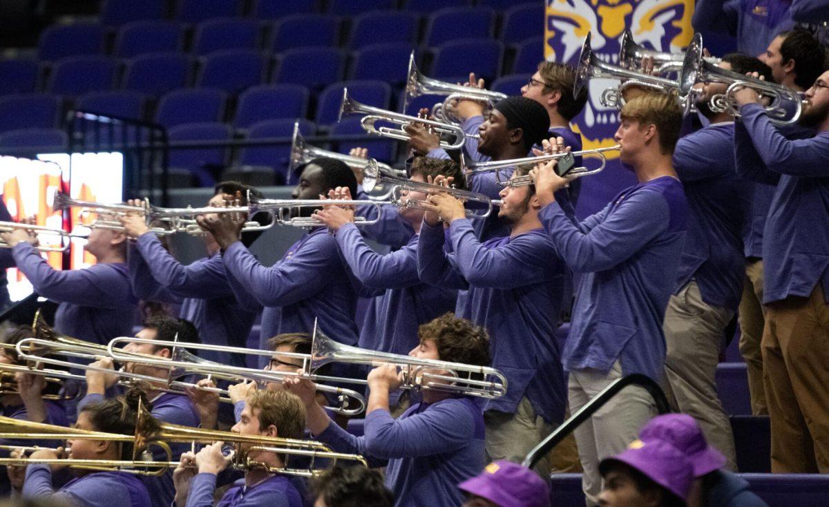 LSU Bengal Brass performs from the stands on Saturday, Oct. 29, 2022, during LSU volleyball&#8217;s 3-2 victory against Mississippi State at the Pete Maravich Assembly Center in Baton Rouge, La.