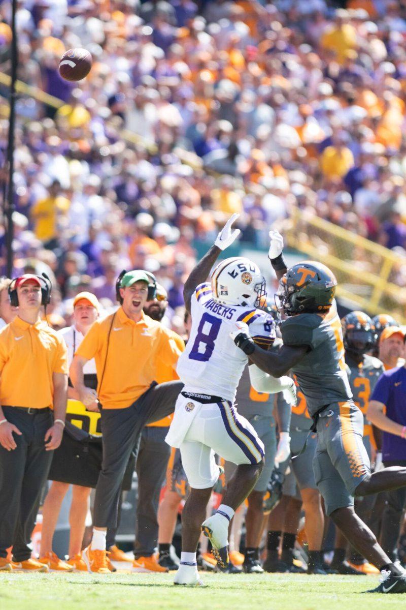 LSU sophomore wide receiver Malik Nabers (8) looks to receive an overthrown pass on Saturday, Oct. 8, 2022, during LSU's defeat to Tennessee 13-40 in Tiger Stadium.