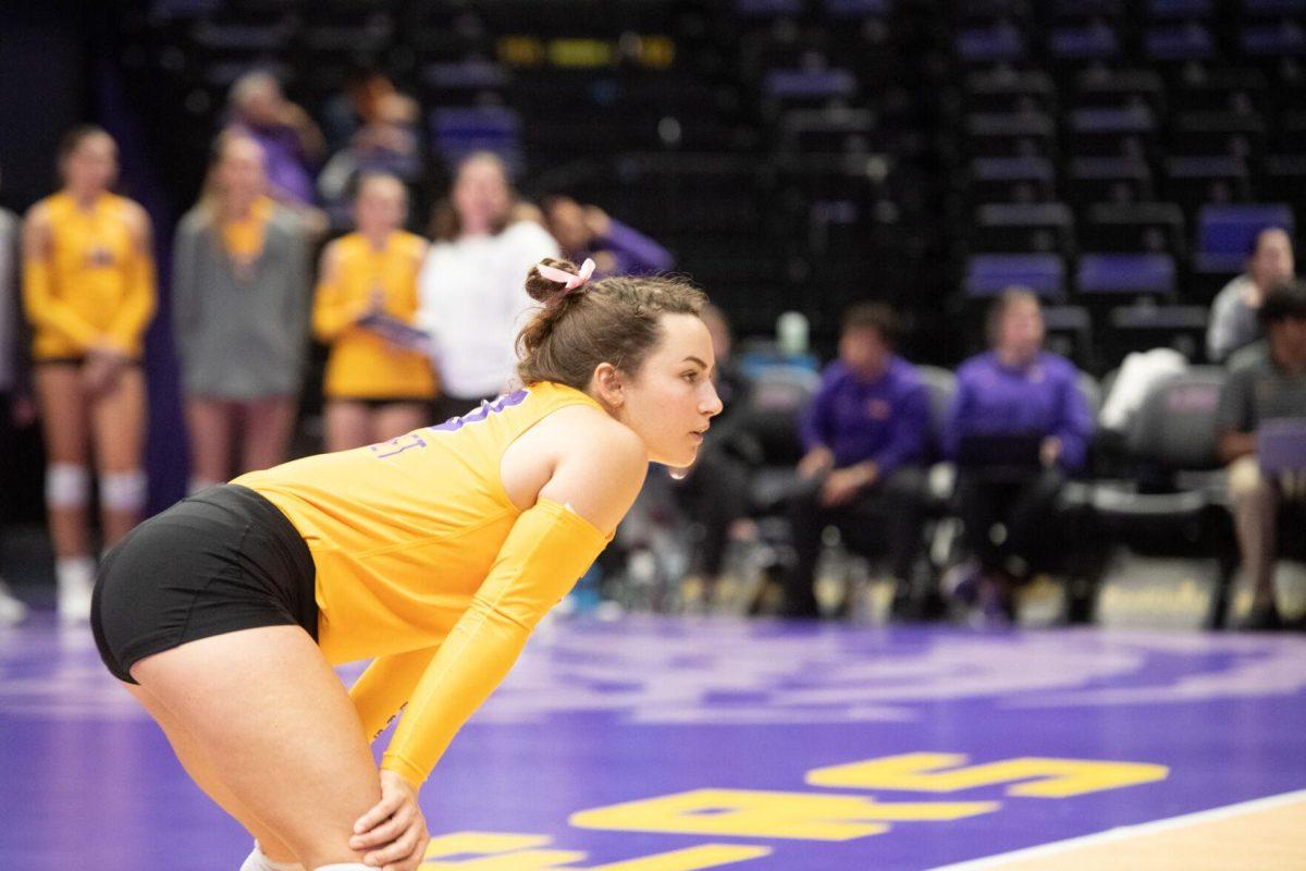 LSU volleyball senior defensive specialist Jill Bohnet (10) stands ready on Sunday, Oct. 30, 2022, during LSU&#8217;s 3-2 loss to Mississippi State at the Pete Maravich Assembly Center in Baton Rouge, La.