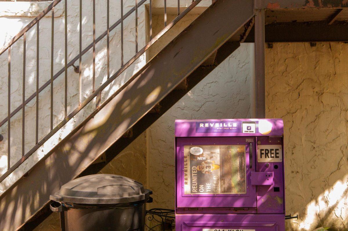 A Reveille newspaper stand sits in the courtyard&#160;on Saturday, Oct. 1, 2022,&#160;at Highland Coffees on Highland Road in Baton Rouge, La.