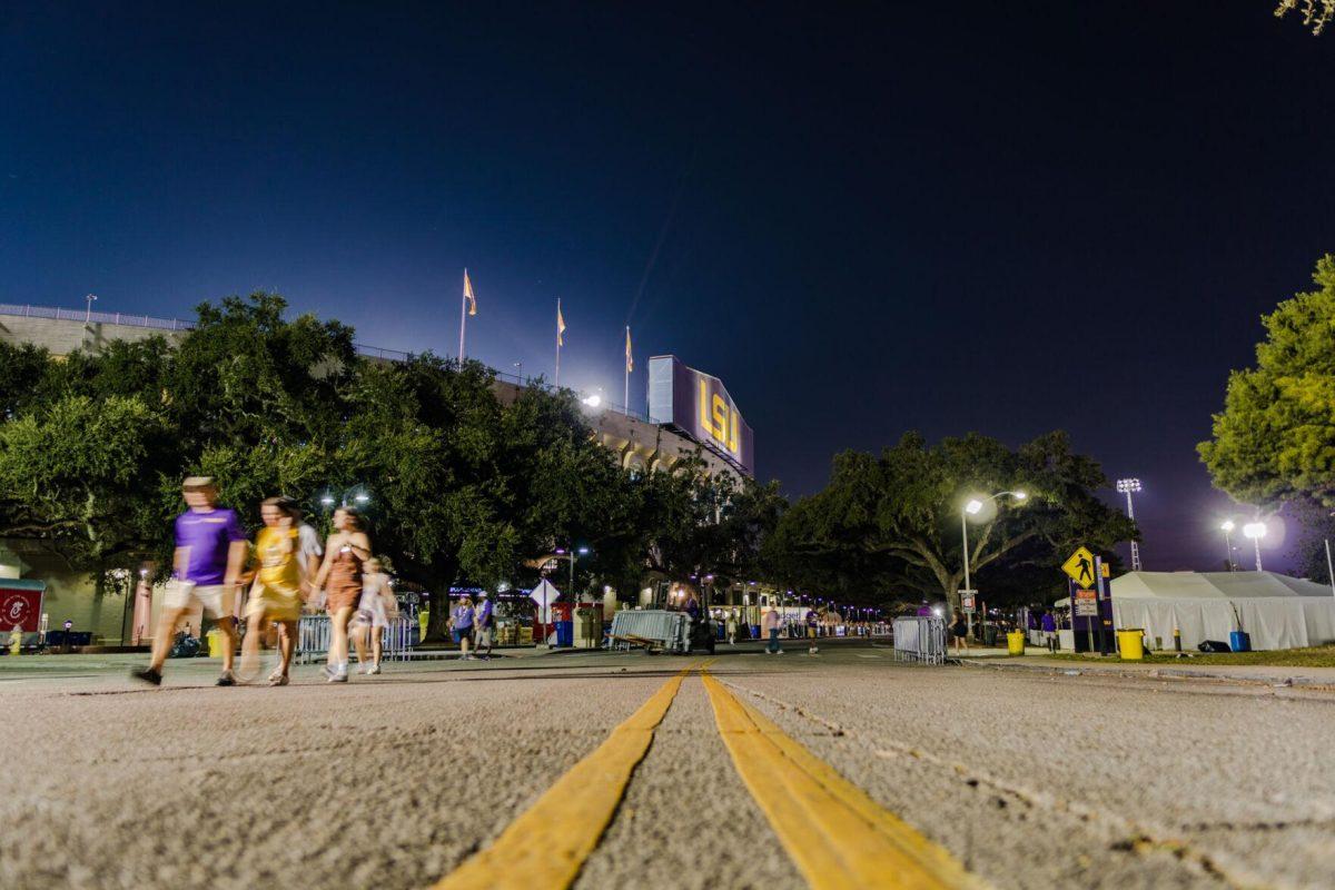 Fans leave Tiger Stadium on Saturday, Sept. 24, 2022, during halftime at the LSU vs. New Mexico game.