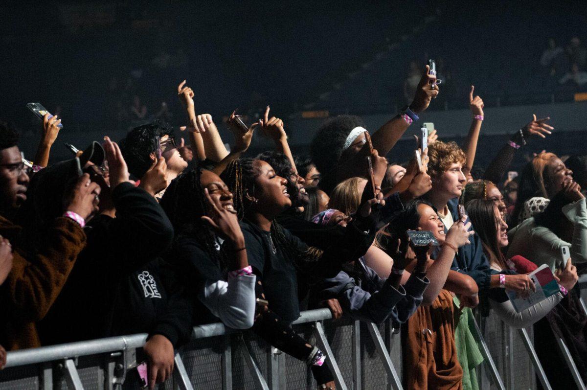 Front-row fans sing along with and record American rapper Rico Nasty on Wednesday, Oct. 19, 2022, at LSU's homecoming concert at the PMAC on North Stadium Drive in Baton Rouge, La.